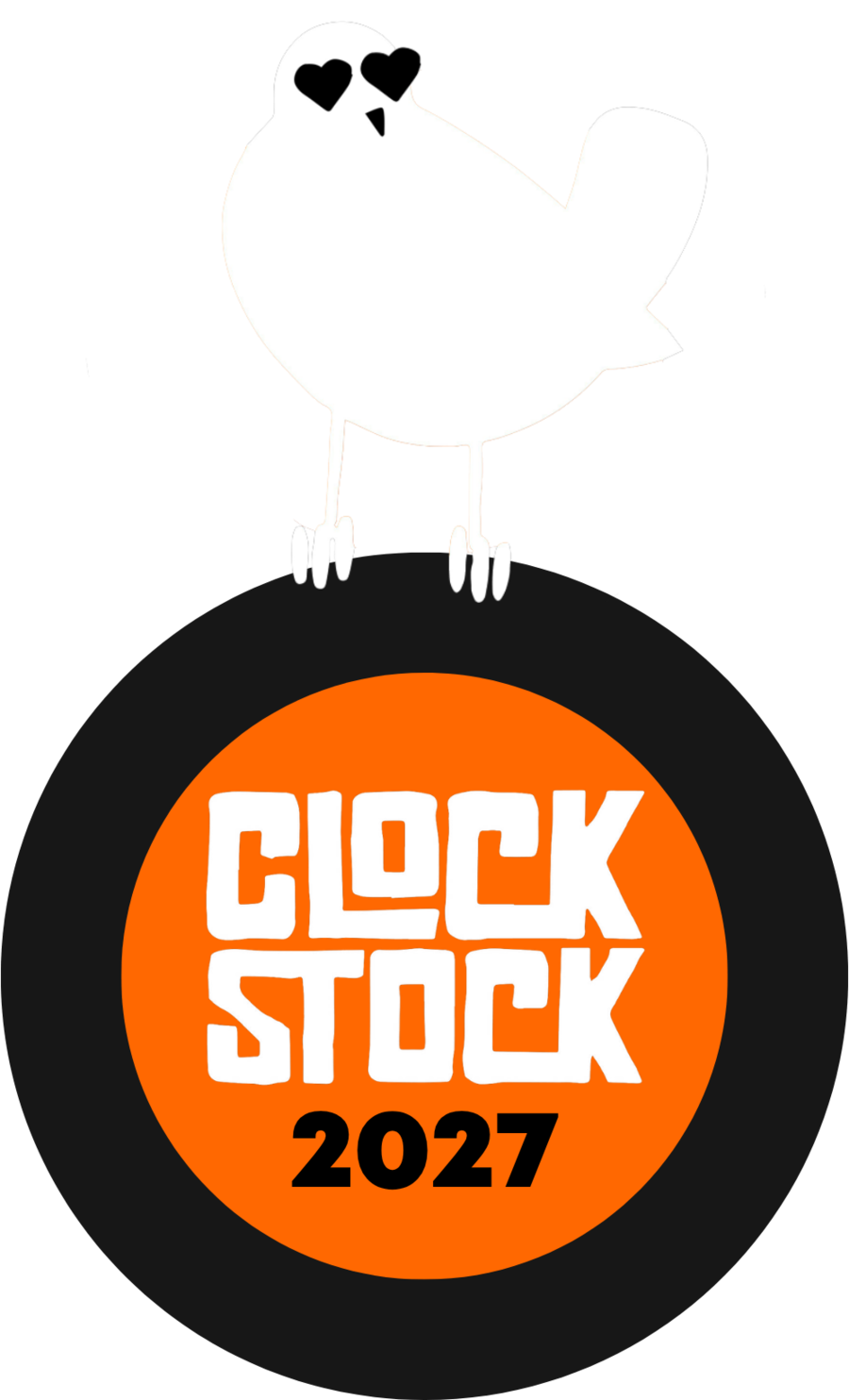 Clockstock 2027 - a white dove with heart eyes perched on a black vinyl record whose orange label reads Clockstock 2027.